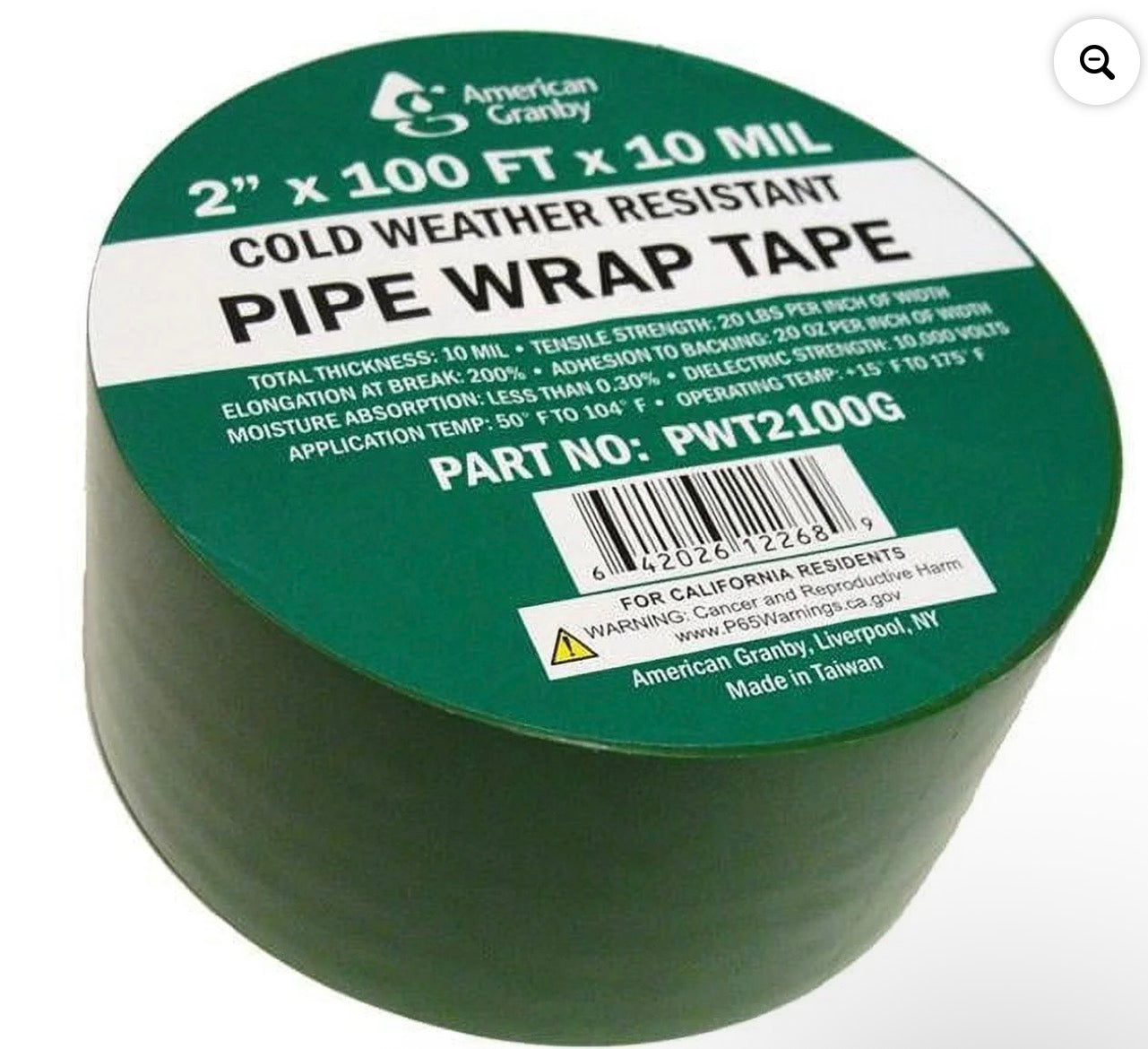 COLDWEATHER VINYL CABLE & PIPE WRAP TAPE 10 MILS 2" x 100ft. GREEN (1 ROLL)