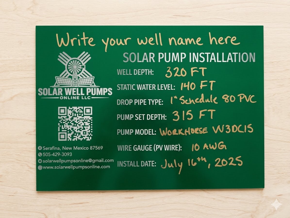 Customizable Solar Well Pump Installation Sign (7x5" Laser Engraved Anodized Aluminum) with Gold Paint Pen