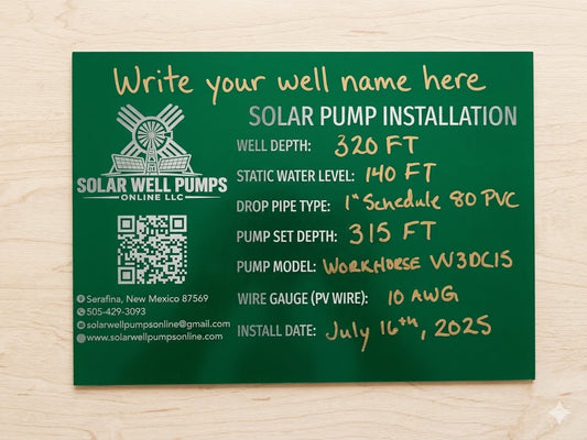 Customizable Solar Well Pump Installation Sign (7x5" Laser Engraved Anodized Aluminum) with Gold Paint Pen