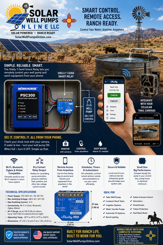 Shelly 1 Gen4 Smart Relay

Smart Remote Control for Solar Well Pumps, Ranch Automation & Livestock Water Systems