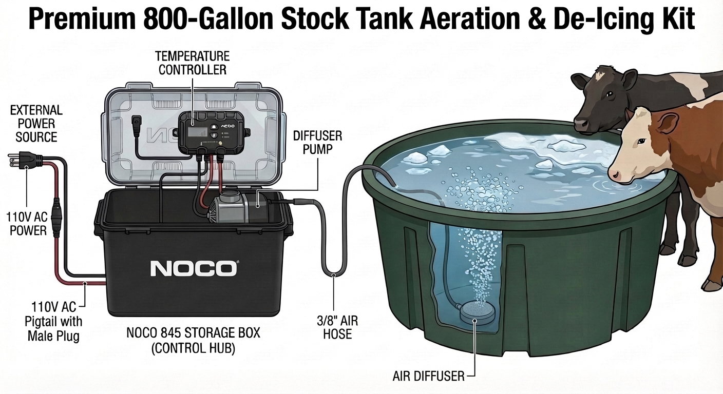 Premium 800-Gallon Stock Tank Aeration & De-Icing Kit – Winter-Ready with Temp Controller & Storage Box