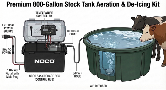 Premium 800-Gallon Stock Tank Aeration & De-Icing Kit – Winter-Ready with Temp Controller & Storage Box